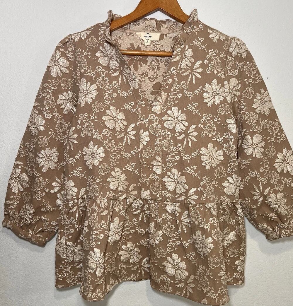Entro Top Women’s Size S Taupe Floral Jacquard Babydoll Blouse Balloon Sleeves